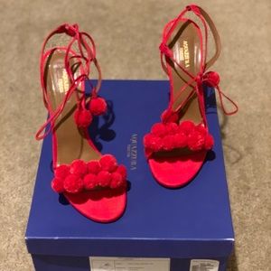 Aquazzura Red Pon Pon Sandals. Size 38.5